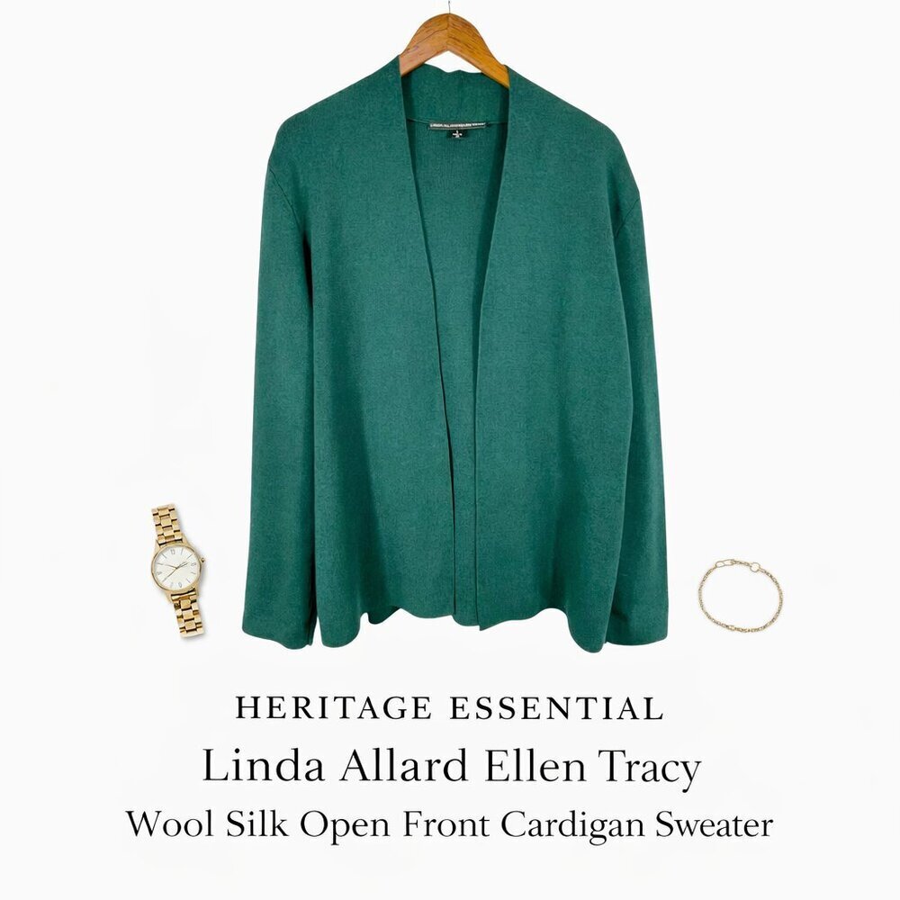 Linda Allard Ellen Tracy Wool Silk Open Front Cardigan Sweater Green X
